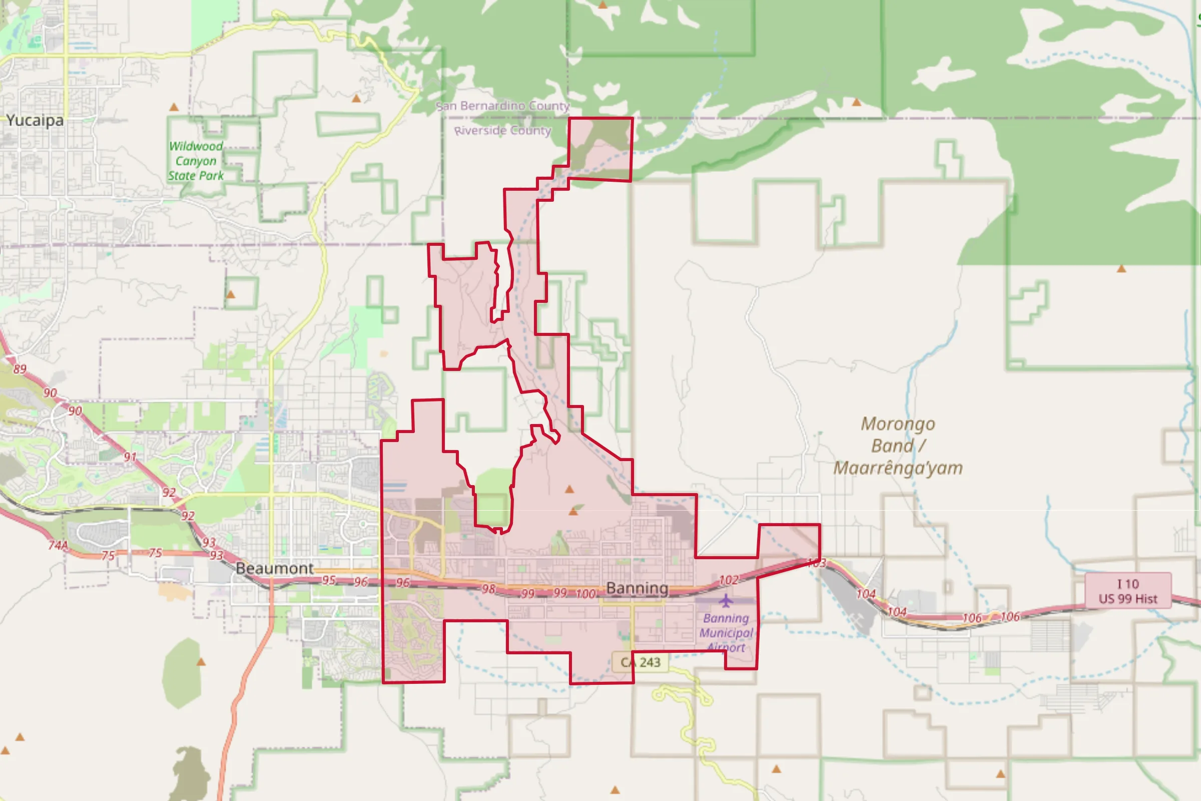 Map showing the Banning, CA service area