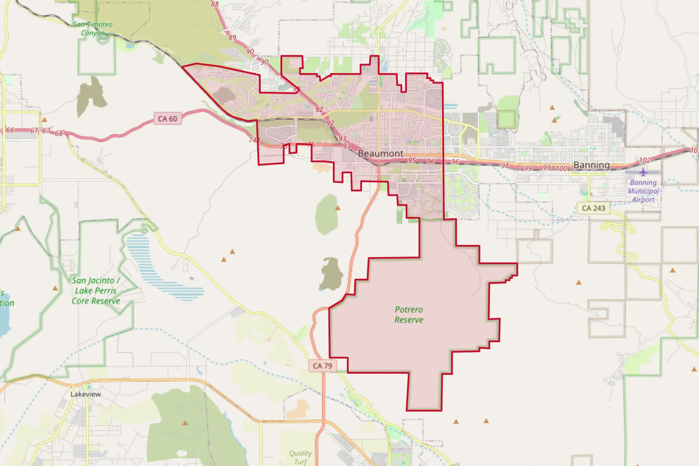 Map showing the Beaumont, CA service area