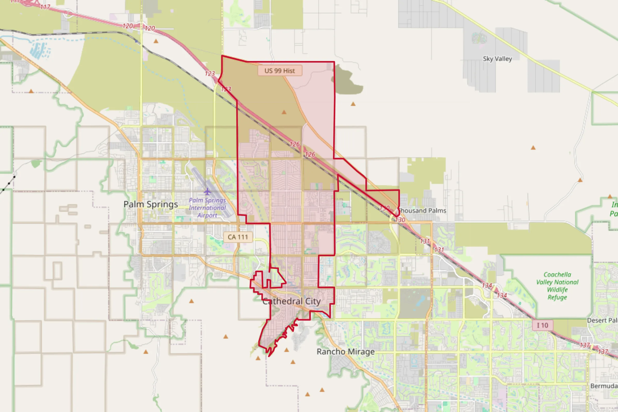 Map showing the Cathedral City, CA service area