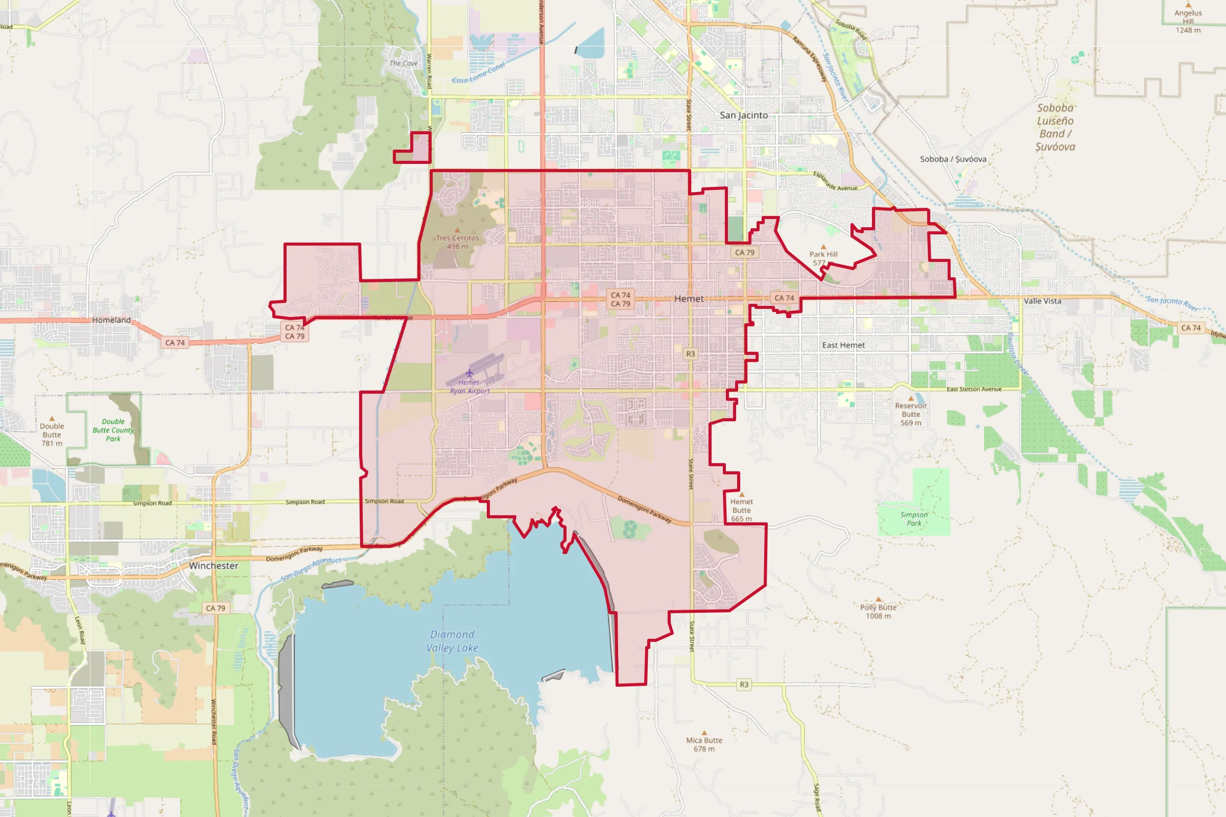 Map showing the Hemet, CA service area