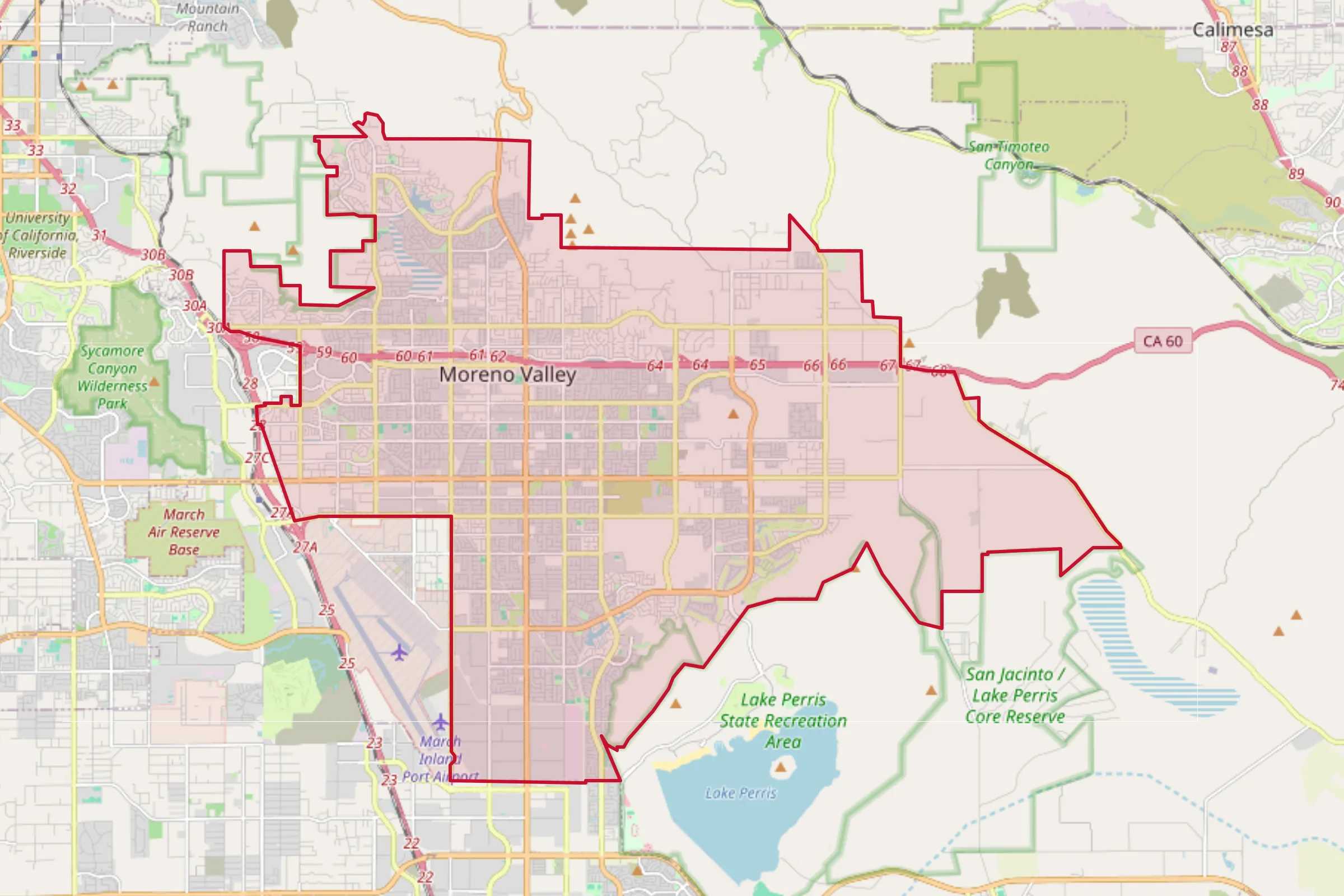 Map showing the Moreno Valley, CA service area
