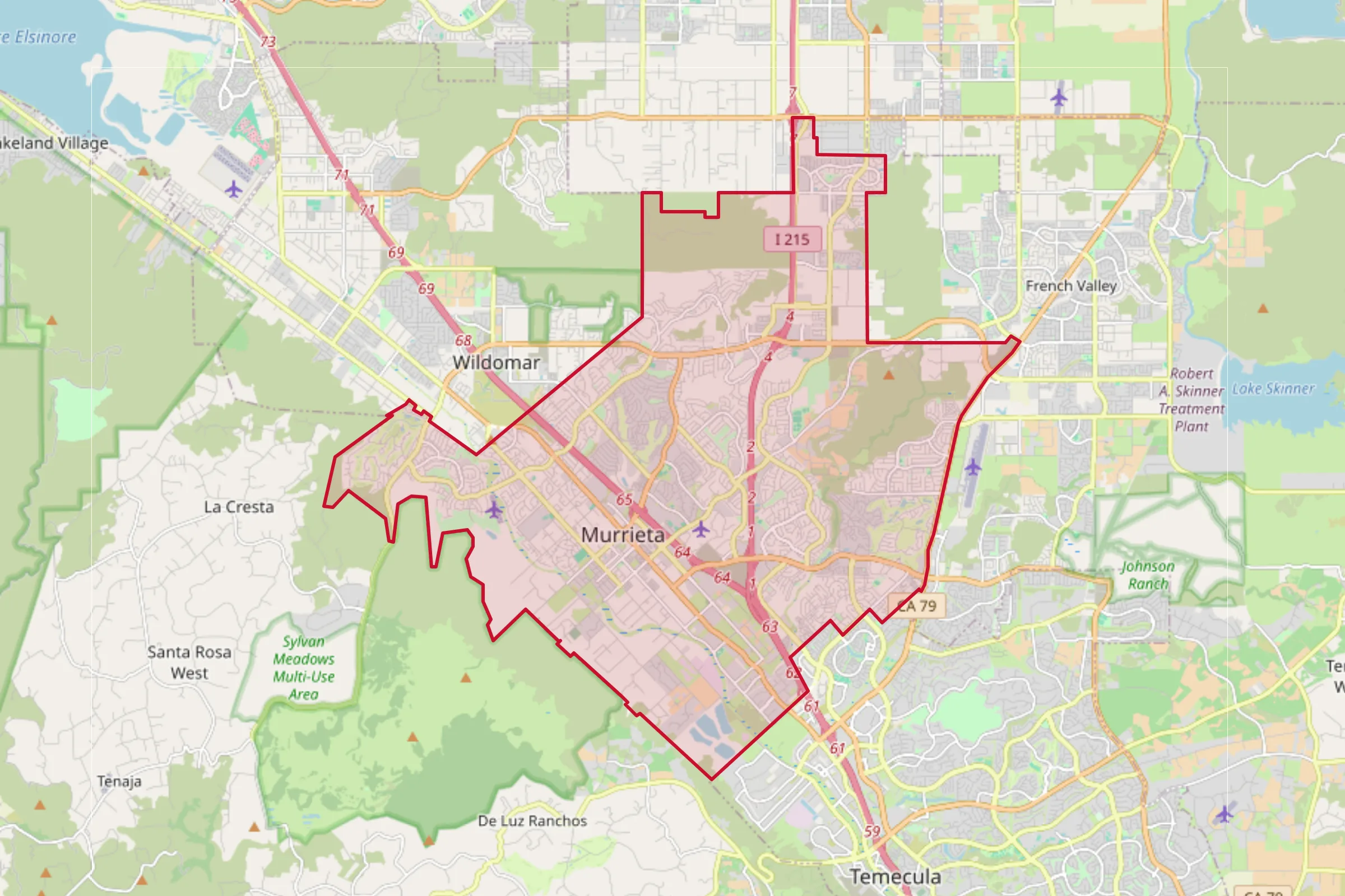 Map showing the Murrieta, CA service area