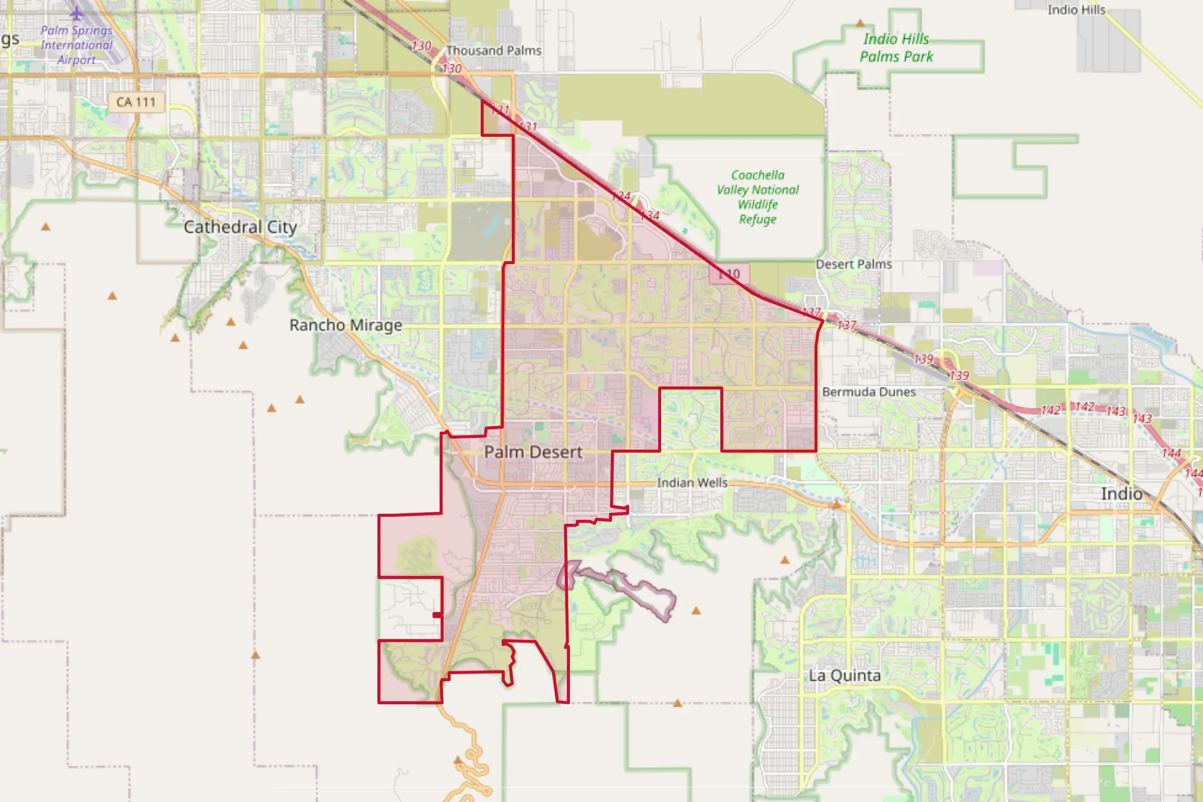 Map showing the Palm Desert, CA service area