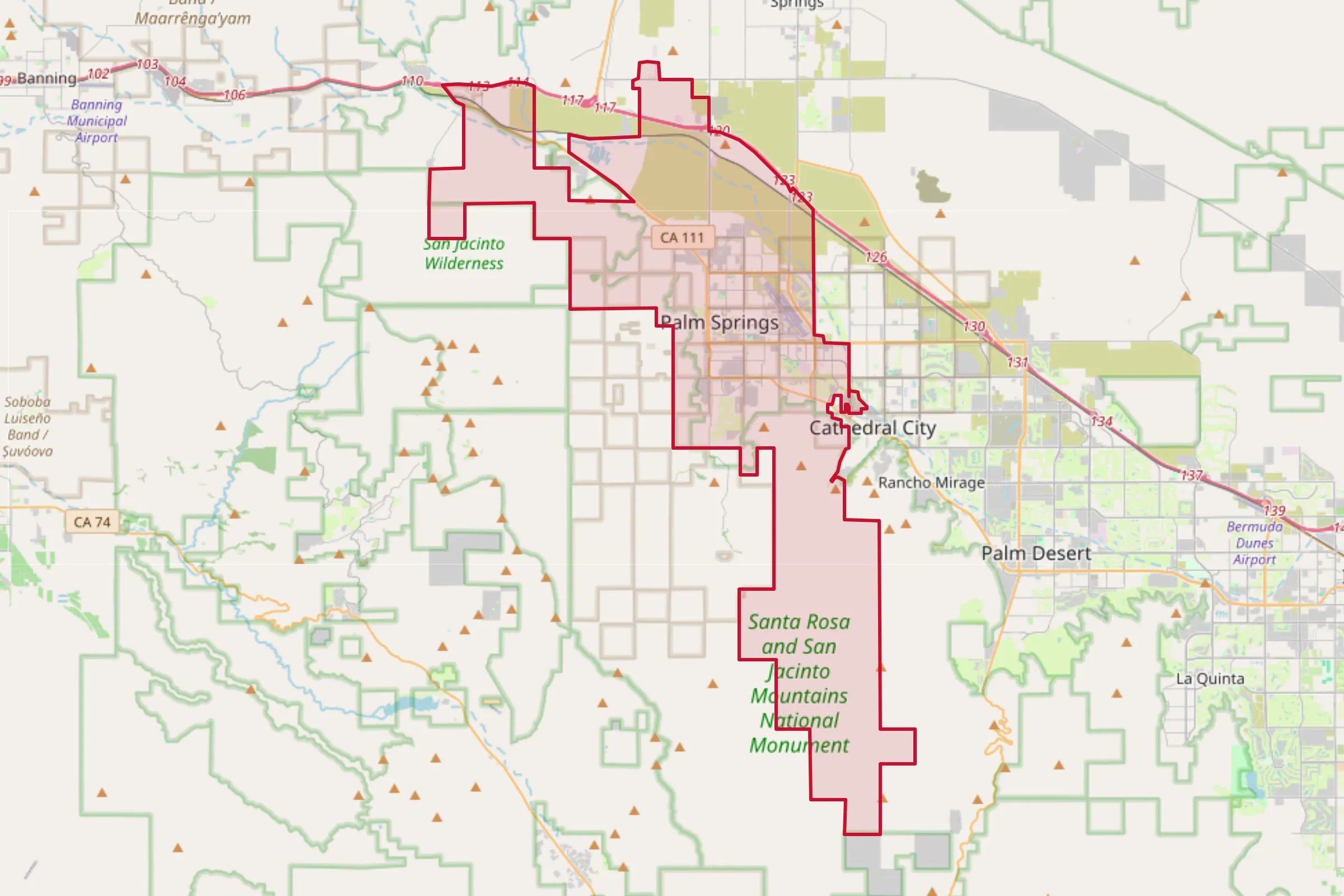 Map showing the Palm Springs, CA service area