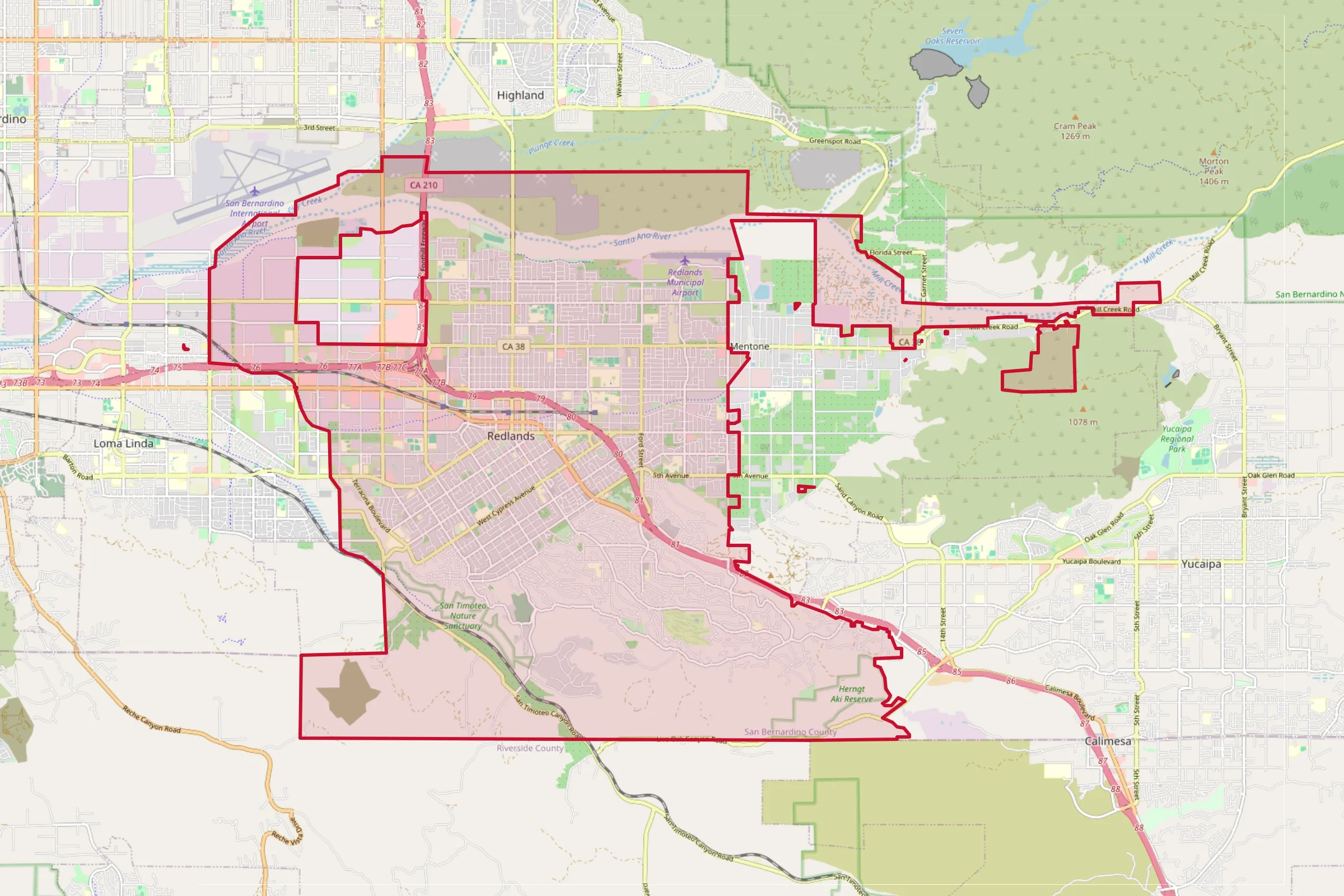 Map showing the Redlands, CA service area