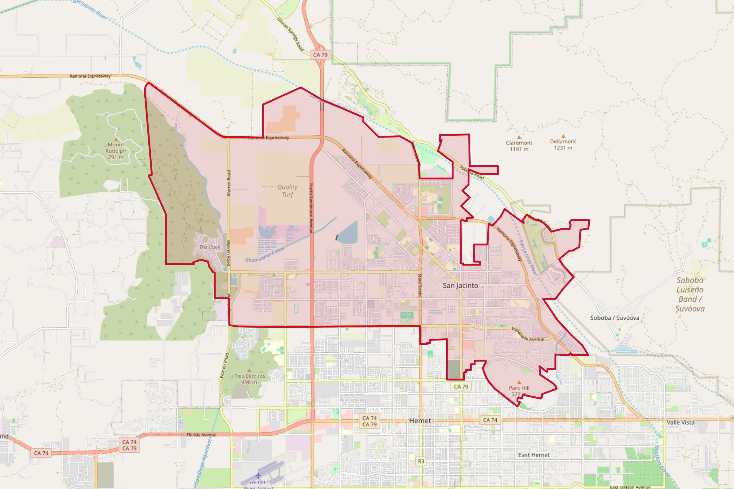 Map showing the San Jacinto, CA service area