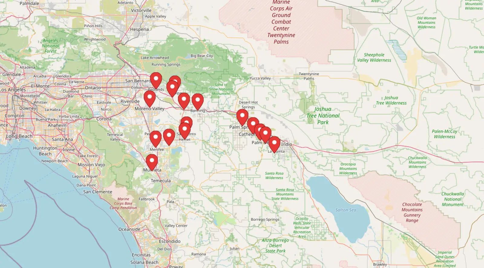 Ryan's Home Services service area map covering the Inland Empire and Coachella Valley, California