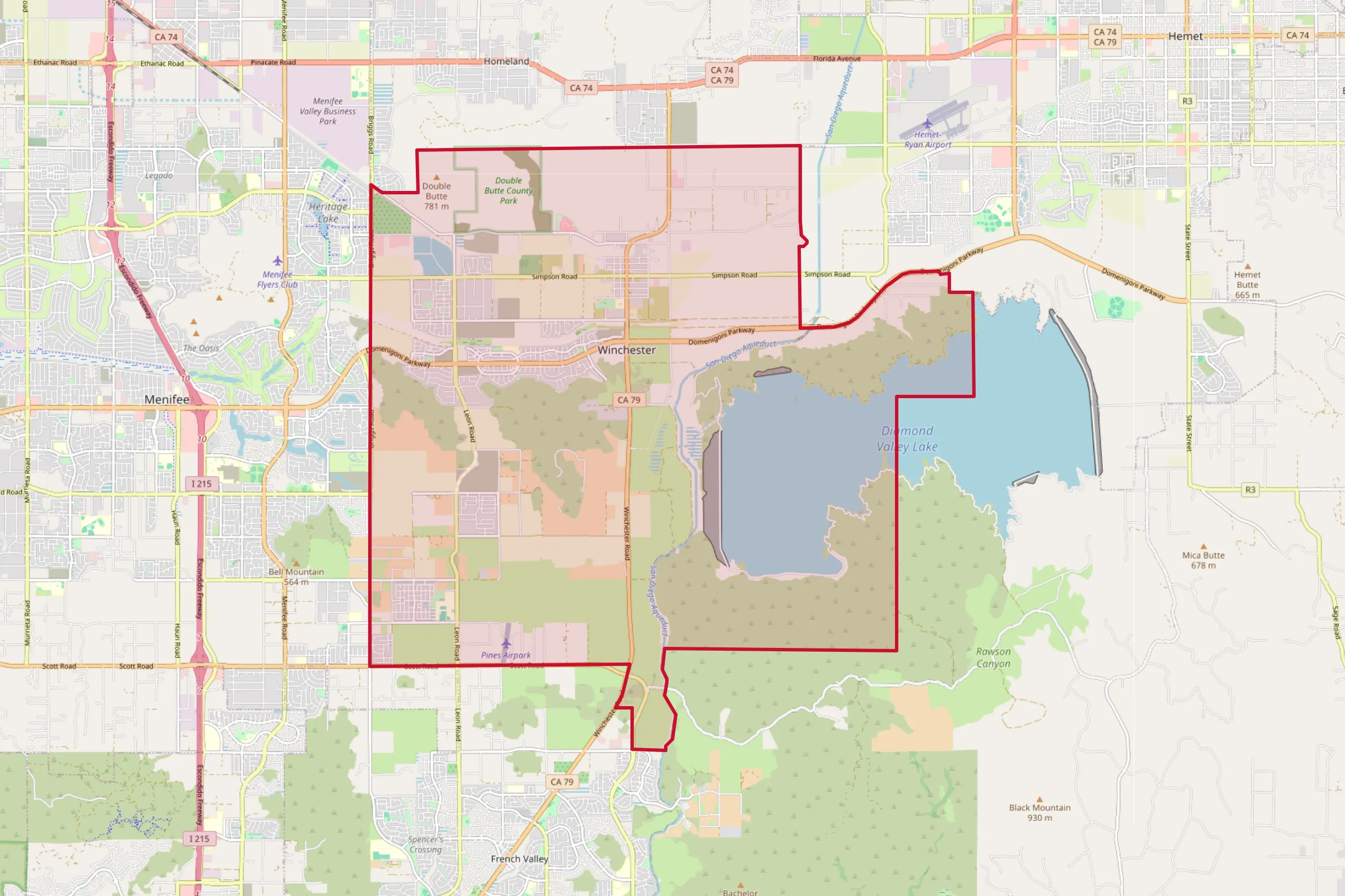 Map showing the Winchester, CA service area